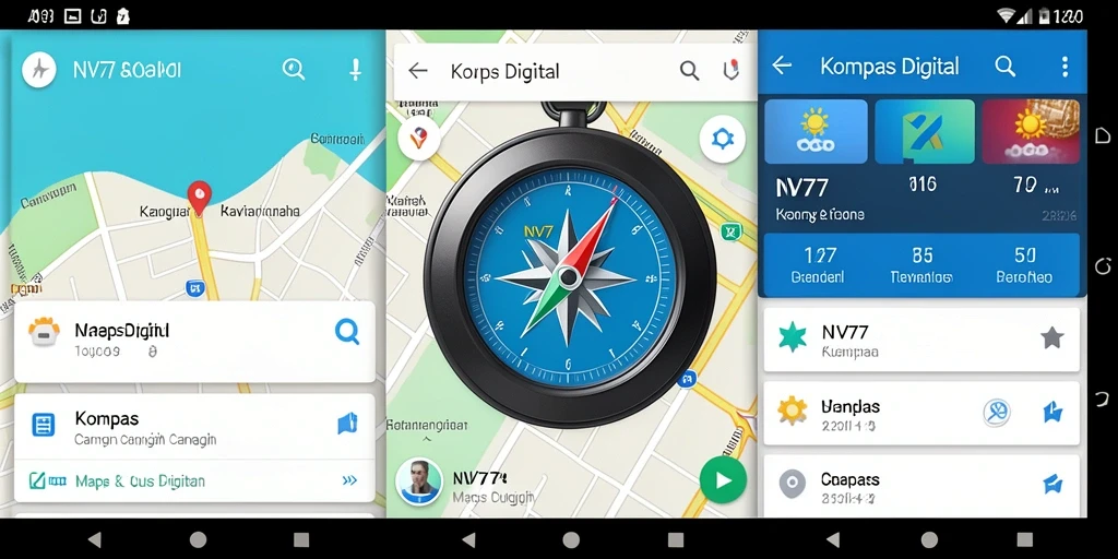 Tampilan antarmuka NV77 yang menonjolkan fungsi kompas digital.